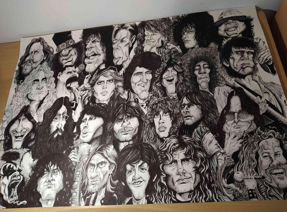 "ROCKERNICA" caricature poster, ink on paper, 100x70cm, 2021