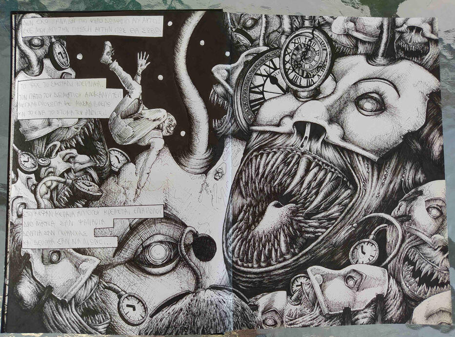 "Clock room", two-page spread from a custom book, two A4, ink on paper, 2020