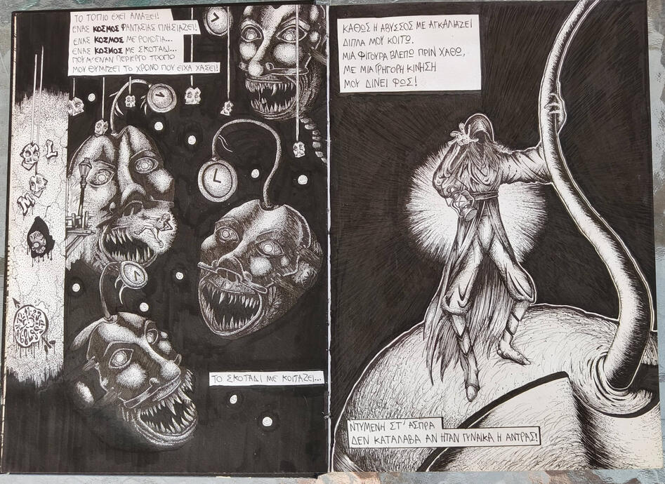 "Clock Room" and "The Angel", two-page spread from a custom book, two A4, ink on paper, 2020