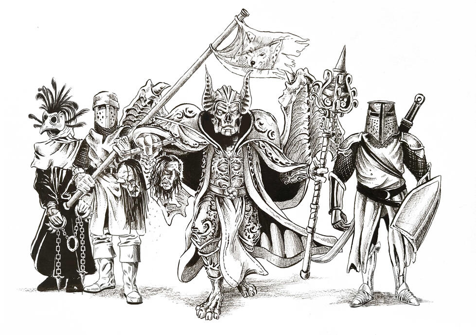"Band", sketch for "STORY OF MANY" board game, ink on paper, A4, 2024