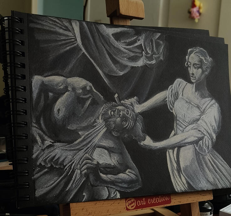 Caravaggio study, chalk on black paper, A4, 2026