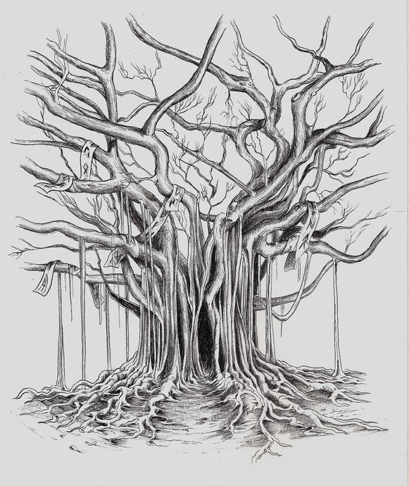 "Bayan Tree", sketch for "STORY OF MANY" board game, ink on paper, A4, 2024